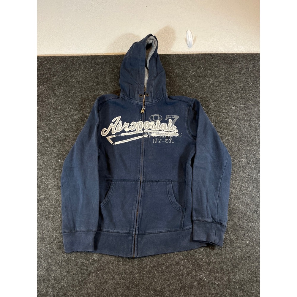Vintage Aeropostale Mens Navy Blue Full Zip Hoodie Y2K Graphic Logo Size Medium